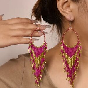 NEW Western Purple,Red Gold Beaded Fringe Preppy Hippie Earrings-(#0110)